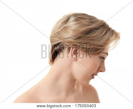 Young woman with trendy hairstyle on white background