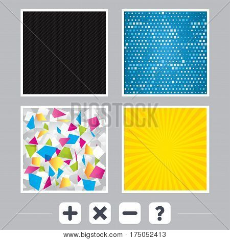 Carbon fiber texture. Yellow flare and abstract backgrounds. Plus and minus icons. Delete and question FAQ mark signs. Enlarge zoom symbol. Flat design web icons. Vector