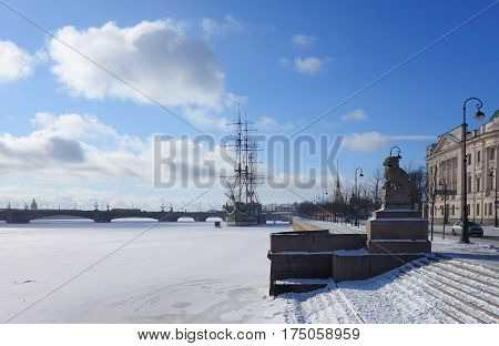 Petrovskaya embankment and a winter day in St. Petersburg