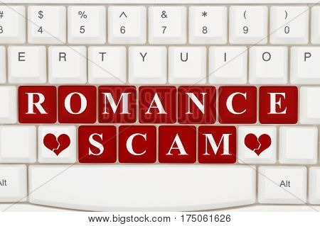 Dating scams on the internet A close-up of a keyboard with red highlighted text Romance Scam 3D Illustration