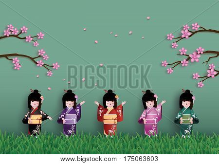 Illustration of nature with spring season Japanese girls wearing national dress happily. Under the cherry (sakura) trees are blossoming.paper art and craft style.