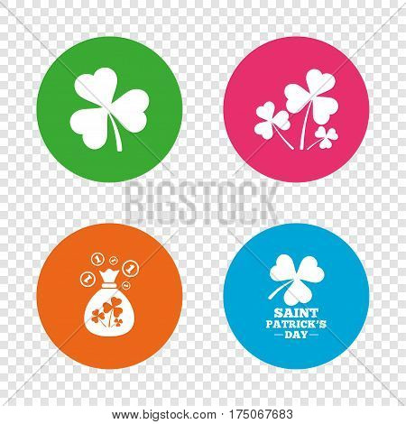 Saint Patrick day icons. Money bag with clover and coins sign. Trefoil shamrock clover. Symbol of good luck. Round buttons on transparent background. Vector