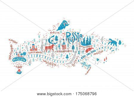 Cartoon map of Russia. Handdrawn illustration with all main tourist attractions. Great design element for travel blog, poster, tour guide company. Vector cartography.