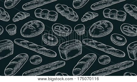 Pattern with Bread. Isolated on the dark background. Vector color hand drawn vintage engraving illustration for card label and menu bakery shop.