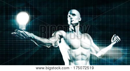 Englightened Man Holding a Light Bulb on Tech Background 3D Illustration Render