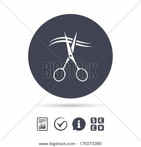 Scissors cut hair sign icon. Hairdresser or barbershop symbol. Report document, information and check tick icons. Currency exchange. Vector