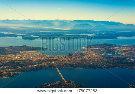 Aerial view of Seattle Puget Sound and the Olympic range to the west