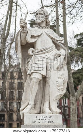 Madrid Spain - february 26 2017: Sculpture of Alfonso V King at Plaza de Oriente Madrid. He was King of Leon 999 to 1028