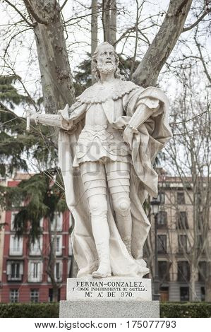 Madrid Spain - february 26 2017: Sculpture of Fernan Gonzalez of Castile at Plaza de Oriente Madrid. He was the first autonomous count of Castile died 970