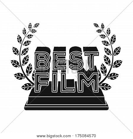 Golden statue with a wreath and inscription.The prize for best film.Movie awards single icon in black style vector symbol stock web illustration.
