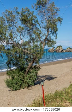 Panoramic view of Porto Kaminia beach, Zakynthos island, Greece