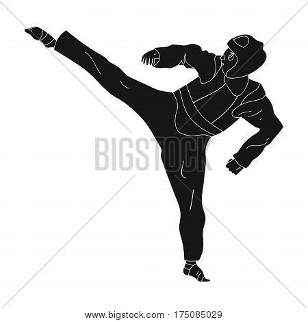 Taekwondo fighter in white kimono and red protection sports.active sports single icon in black style vector symbol stock web illustration.