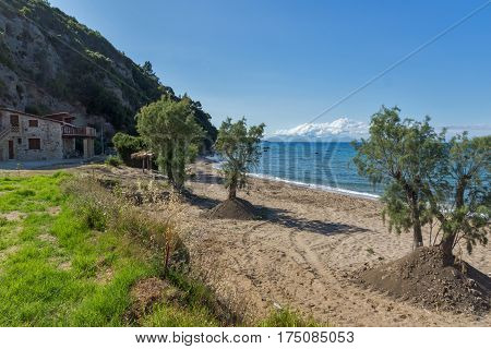 Panoramic view of Porto Kaminia beach, Zakynthos island, Greece