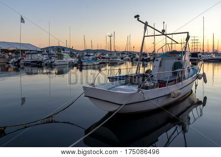 SOZOPOL, BULGARIA - JULY 11, 2016: Amazing Sunset at the port of Sozopol, Burgas Region, Bulgaria