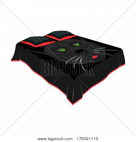 A bed with a black coverlet.Bed with a black cat on the blanket.Bed single icon in cartoon style vector symbol stock web illustration.