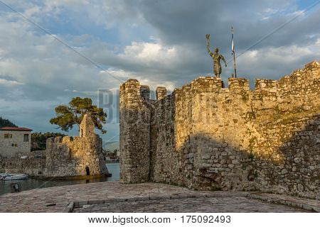 Sunset panorama of Fortification at the port of Nafpaktos town, Western Greece