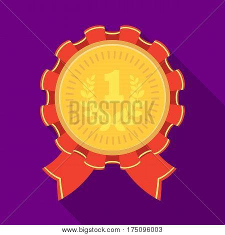 The award for first place.Gold medal with the red ribbon of the winner Olympics.Awards and trophies single icon in flat style vector symbol stock web illustration.
