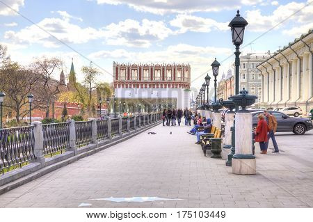 MOSCOW RUSSIA - April 24.2016: Old Manezhnaya street in the historical center of city