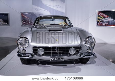 Los Angeles CA USA - March 4 2017: Silver 1962 Ferrari 250 GT SWB from the collection of Ron Hein at the Petersen Automotive Museum in Los Angeles California United States. Editorial only.