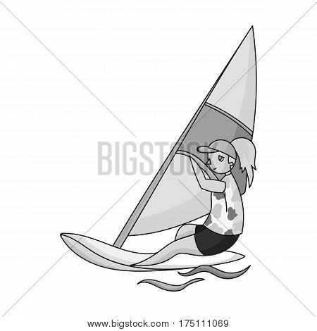 Girl in swimsuit on a sailing boat.The athlete involved in sailing at sea .Olympic sports single icon in monochrome style vector symbol stock web illustration.