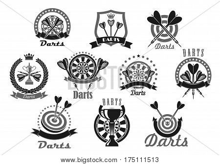 Darts vector icons of dartboard and arrows. Emblems of dart game winner cup awards, trophy heraldic laurel wreath, crown and victory ribbons and stars for sport or club team game championship