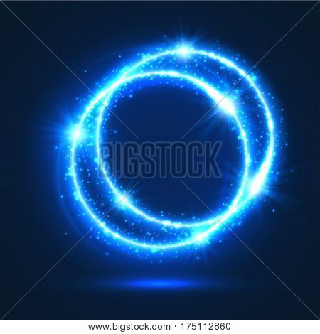 Abstract light flashes of rings or sparkling and shining blue neon circles with luminous glitter sparks. Shiny shimmering particles of star rays and beams sparkles with glare or flare blur effect