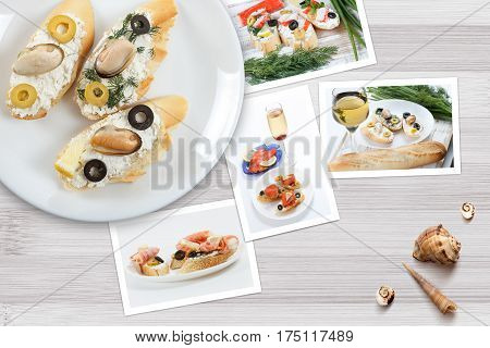 Beautiful snapshots of various italian sandwiches with seafood arranged on rustic wooden background with plates with food and seashells with copy space horizontal top view.