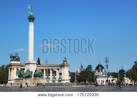 BUDAPEST, HUNGARY - AUGUST 08, 2012: Millennium Monument on the Heroes' Square in Budapest Hungary. With statues of Seven chieftains of the Magyars. Year of construction 1896-1906.