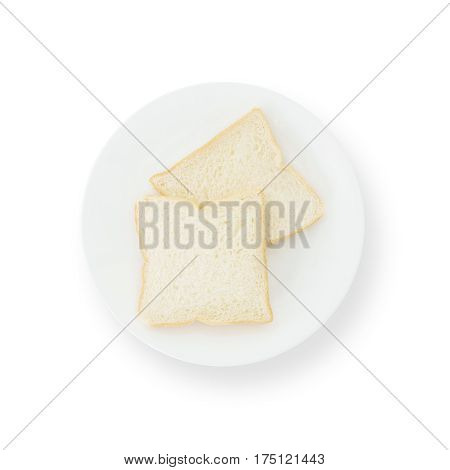Closeup two slice bread on white dish for breakfast with shadow isolated on white background