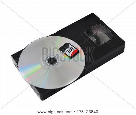 the development of technology: vhs cassette cd sd.