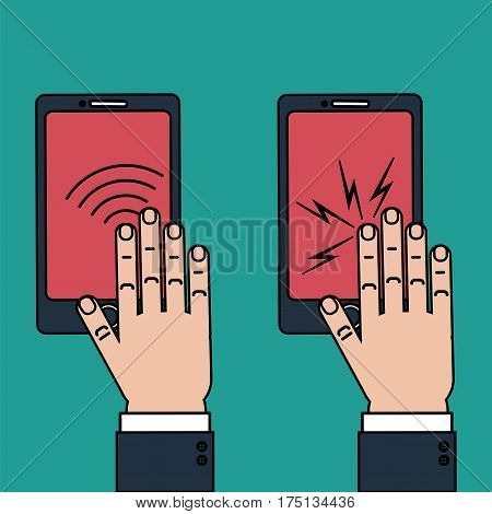 Hand touching phone screen for biometric identification as well as haptic feedback concept. Stock vector vector illustration for computer authenticationn by fingerprint scan and kinesthetic simulation