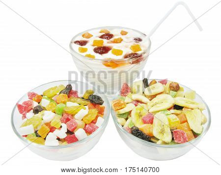 plates full of dried fruits and dairy dessert