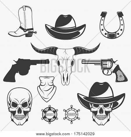 Set of wild west cowboy monochrome icons, design elements isolated on white background. Wild west and rodeo symbols