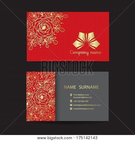 Business card - Gold Border line Bouquet of floral and company logo on red background vector design