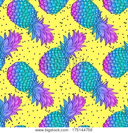 Pineapple creative trendy seamless pattern. Neon colors fashionable style memphis, rave Texture for scrapbooking, wrapping paper, textiles, web page, textile wallpapers, surface design, fashion