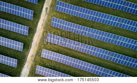 High angle view of solar panels on an energy farm in rural england; full frame background texture.