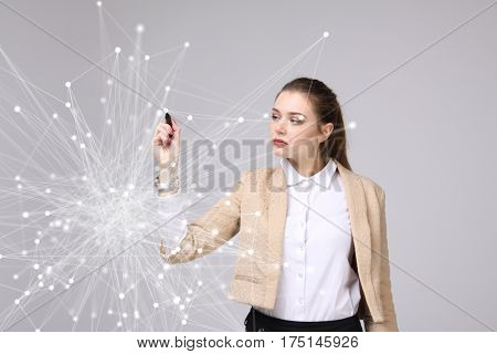 Worldwide network or wireless internet connection futuristic concept. Woman working with linked dots.