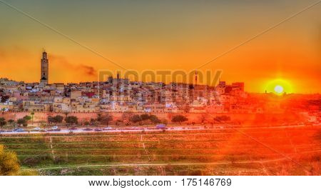 Panorama of Meknes in the evening. Meknes is a UNESCO world heritage site in Morocco