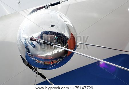 YAROSLAVL, RUSSIA - JUNE 29, 2016: A model of the satellite Sputnik in The New Cultural and Educational Center with Planetarium in Yaroslavl. Sputnik 1 was the first artificial Earth satellite.