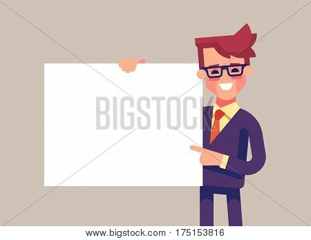 Handsome manager in formal suit holding a blank sheet and pointing by index finger to it. Template for your text. Cartoon character - cute businessman. Stock vector illustration in flat design.