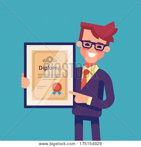 Handsome successful businessman holding diploma in his hands. Graduate of MBA. Modern vector illustration