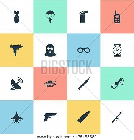 Vector Illustration Set Of Simple Military Icons. Elements Extinguisher, Pistol, Firearm And Other Synonyms Machine, Extinguisher And Knife.