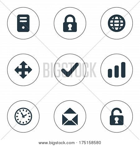 Vector Illustration Set Of Simple Practice Icons. Elements Web, Statistics, Check And Other Synonyms PC, Orb And Lock.
