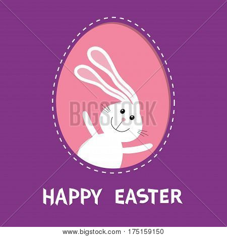 Happy Easter. Bunny rabbit hare with big ears inside painted egg frame window. Dash line contour. Cute cartoon character. Baby greeting card. Violet background. Flat design. Vector illustration