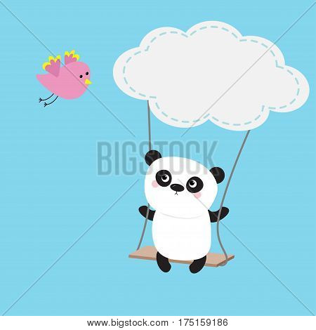 Panda ride on the swing. Cloud shape. Flying pink bird. Cute fat cartoon character. Kawaii baby collection. Love card. Flat design Funny kids style Blue sky background Isolated Vector illustration