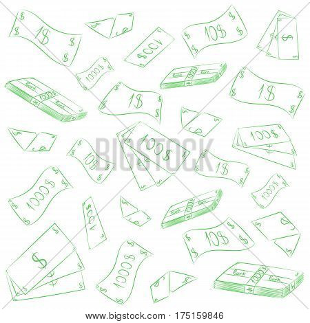 Hand Drawn Green Banknotes. Doodle Money Rain. Scribble Drawings of Cash. Vector Illustration.