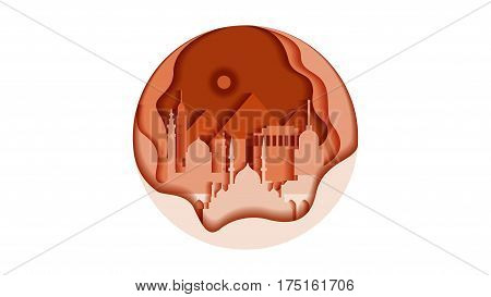 Stock vector illustration background circle icon flat style architecture buildings and monuments town city country travel Egypt, Egyptian pyramids, Sphinx, Cairo, Egyptian Culture, deserts flat style