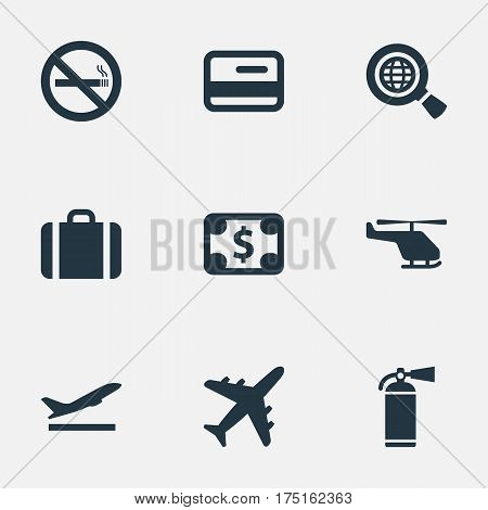 Vector Illustration Set Of Simple Travel Icons. Elements Takeoff, Global Research, Currency And Other Synonyms Copter, Extinguisher And Plastic.