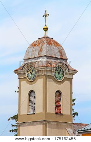 View of tower with clock of Saint Anna's roman catholic church (1802), Khust, Ukraine