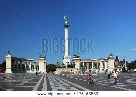 BUDAPEST, HUNGARY - AUGUST 08, 2012: Millennium Monument on the Heroes' Square in Budapest Hungary. With statues of Seven chieftains of the Magyars. Year of construction 1896-1906.